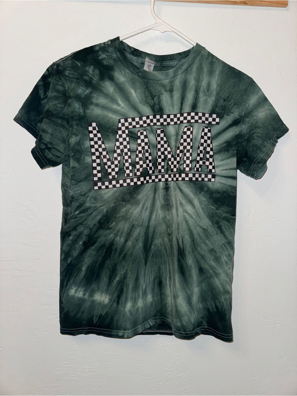 Tie-Dye Distressed Graphic Tee with MAMA Checkerboard Logo - Green